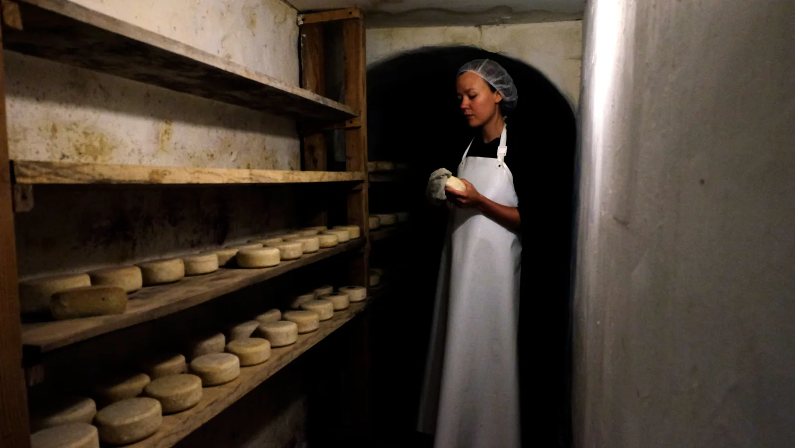 Une cave d'affinage : des étagères de meules de fromage, une personne qui s'en occupe.