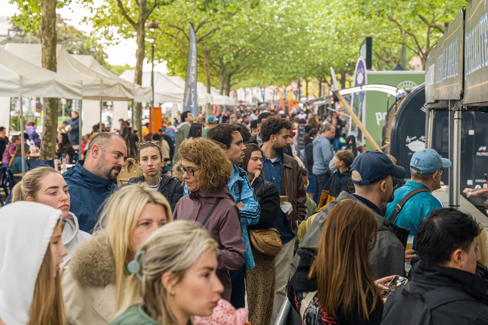 Vue d'ensemble du festival : des stands alignés le long d'une allée bordée d'arbres, avec la foule des visiteurs.